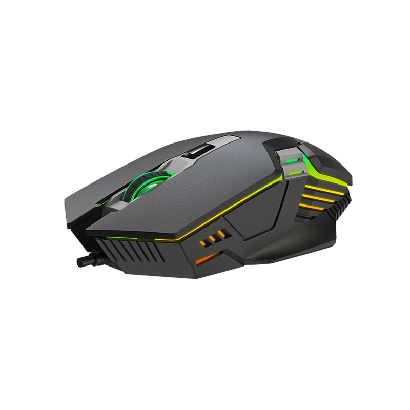 Gaming mouse with green and yellow accents on a white background, side view