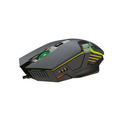 Gaming mouse with green and yellow accents on a white background, side view