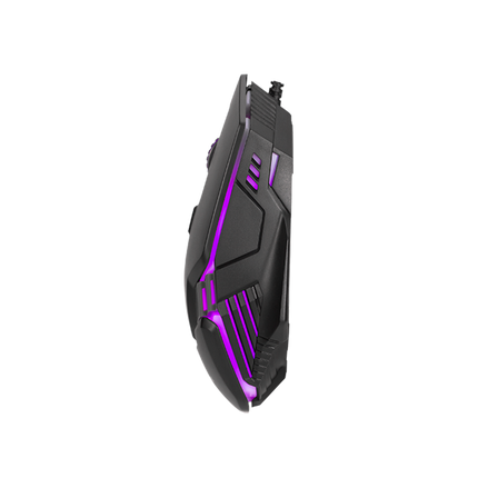 Gaming mouse with purple accents on a white background
