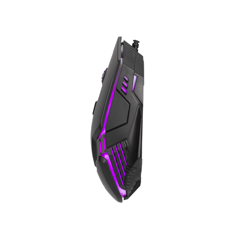 Gaming mouse with purple accents on a white background