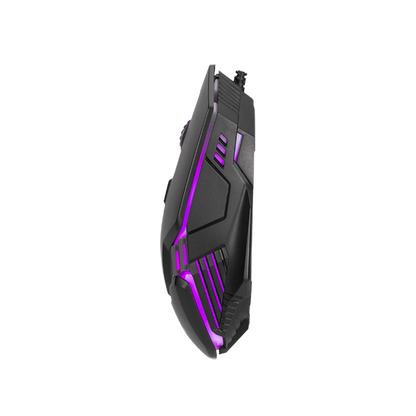 Gaming mouse with purple accents on a white background