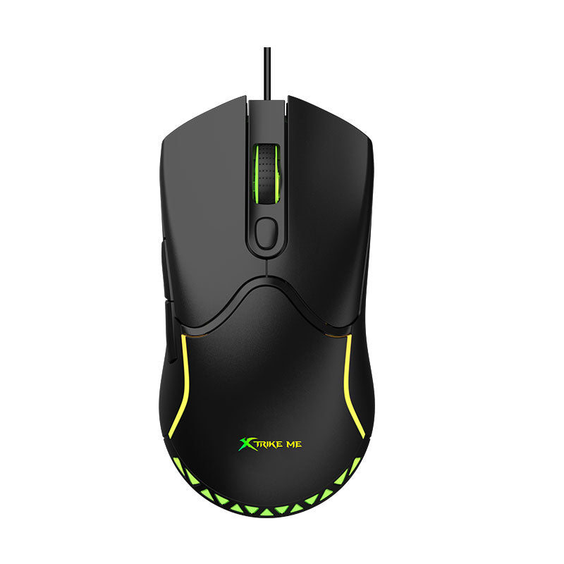 Black gaming mouse with green accents on a white background