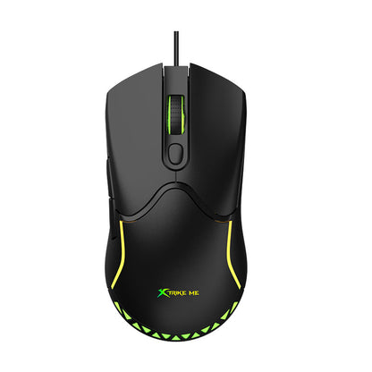 Black gaming mouse with green accents on a white background