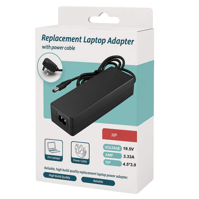 Replacement laptop adapter packaging with HP logo on a white background