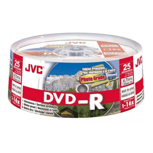 JVC DVD-R packaging with 25 discs on a white background