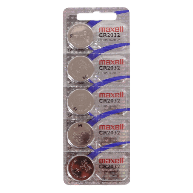 Maxell CR2032 lithium battery pack of 5 on a white background