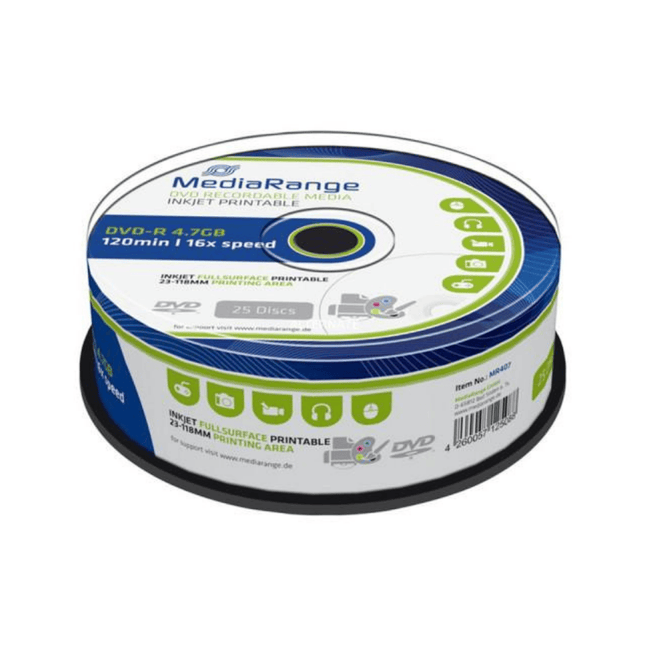 MediaRange DVD-R 16× 4.7GB - White Full-Face Inkjet Printable (23-118 mm)