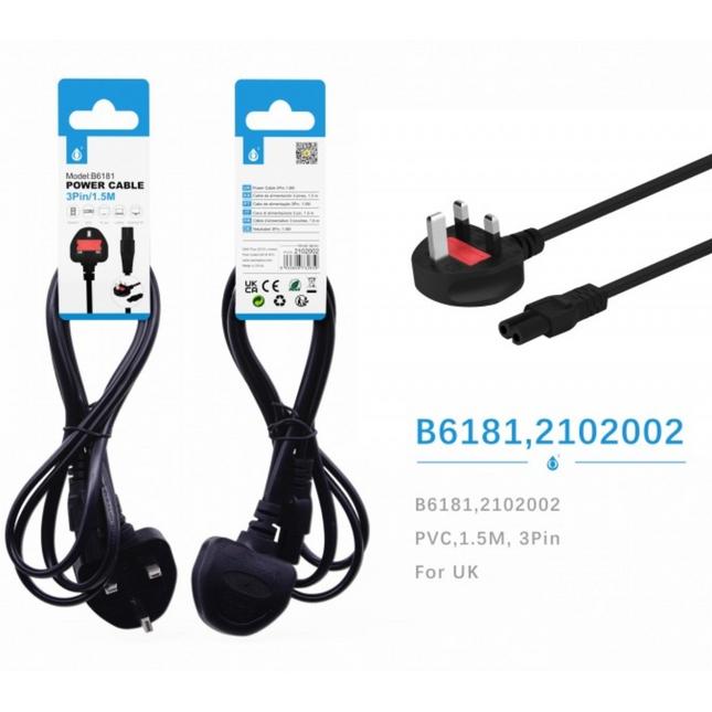 MTK B6181 UK 2-Pin Power Cable - 1.5M Mains Charging Lead, Black
