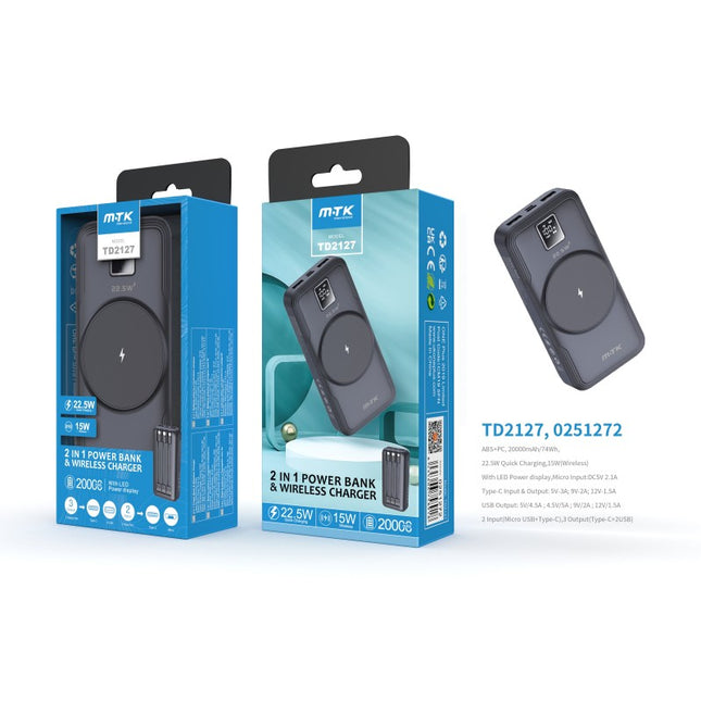 MTK Hazel 2-in-1 Power Bank - 20,000mAh, 22.5W Fast & 15W Wireless Charge (Black)