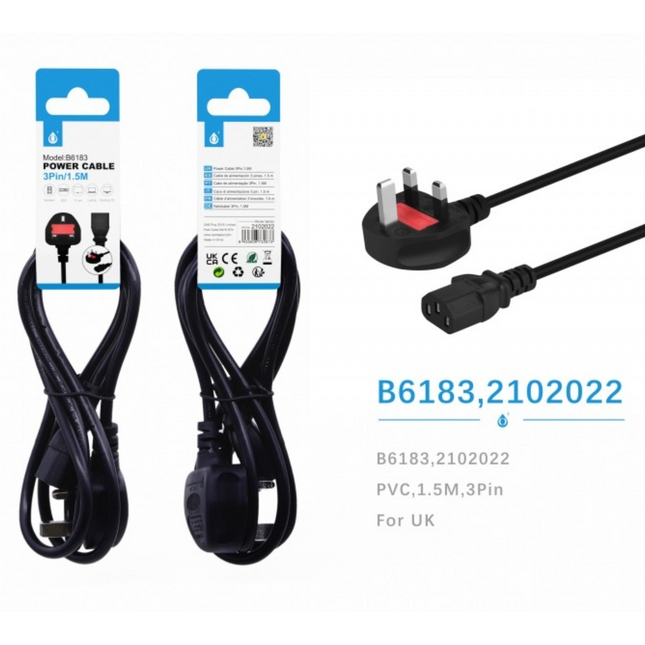 Power cable with packaging and UK plug on a white background