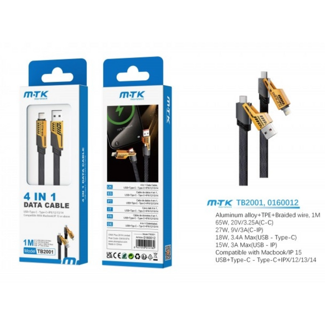 MTK TB2001 4-in-1 USB & Type-C Charging Data Cable - 65W PD, Lightning & USB-C, 1M, Black
