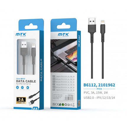 MTK Flute USB-A to Lightning Data & Charge Cable - 1 m, 3 A (Black)