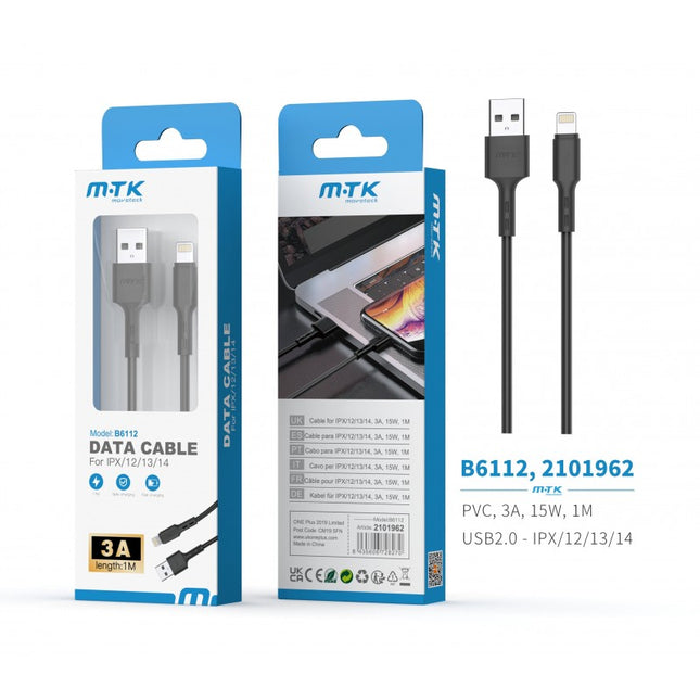 MTK Flute USB-A to Lightning Data & Charge Cable - 1 m, 3 A (Black)