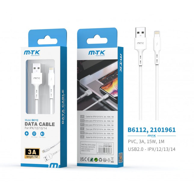 MTK Flute USB-A to Lightning Data & Charge Cable - 1 m, 3 A (White)