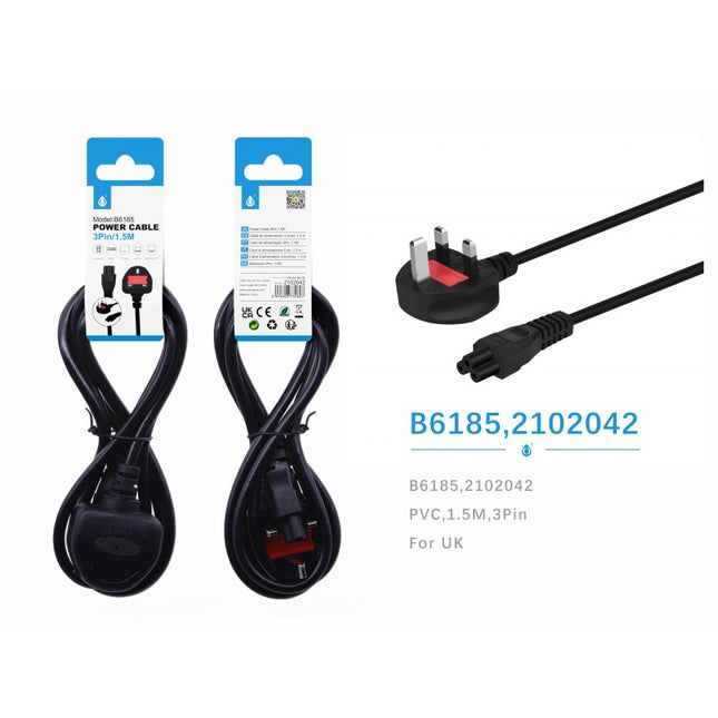 MTK B6185 UK Laptop Power Cable - 1.5M Mains Charging Lead, Black