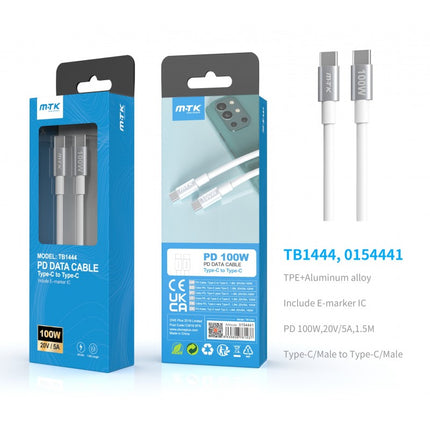 MTK Metal USB-C to USB-C SuperCharge Cable - 100W PD, 1.5 m (White)