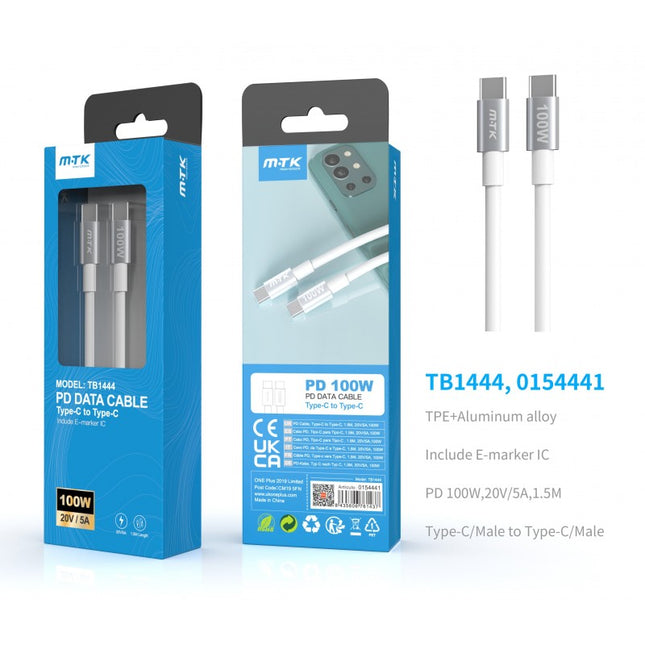 MTK Metal USB-C to USB-C SuperCharge Cable - 100W PD, 1.5 m (White)