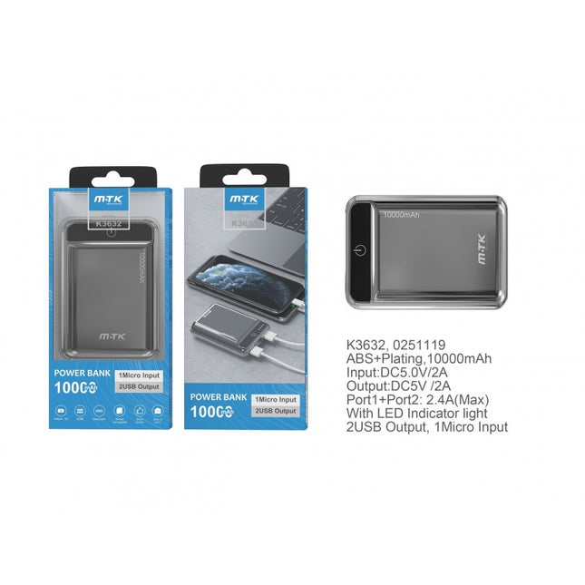 MTK PocketStation 10,000mAh Power Bank - Dual USB, LED Indicator (Grey)