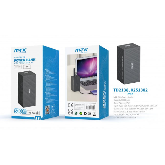MTK 50,000mAh Power Bank - 20W PD Fast Charge, Digital Display (Black)