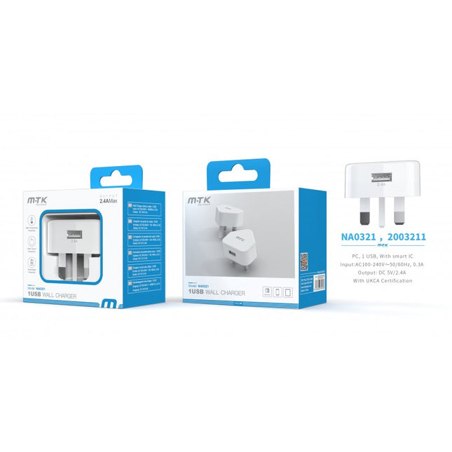 MTK Single USB Wall Charger - 5V/2.4A Smart IC, UKCA Certified (White)