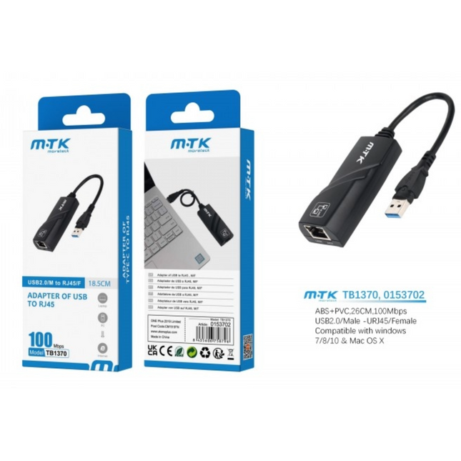MTK TB1370 USB 2.0 to RJ45 Ethernet LAN Adapter - 100Mbps, Black