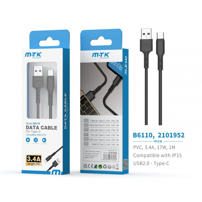 MTK USB-A to Type-C Data & Charge Cable - 1 m, 3.4A (Black)
