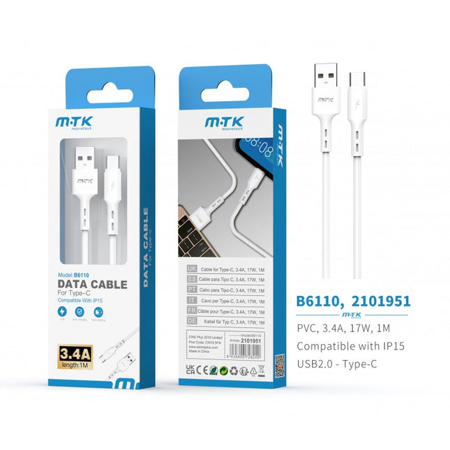 MTK Flute USB-A to Type-C Data & Charge Cable - 1 m, 3.4 A (White)