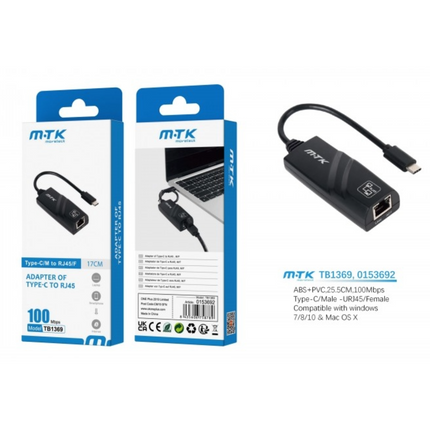 MTK TB1369 Type-C to RJ45 Ethernet LAN Adapter - 100Mbps, Black