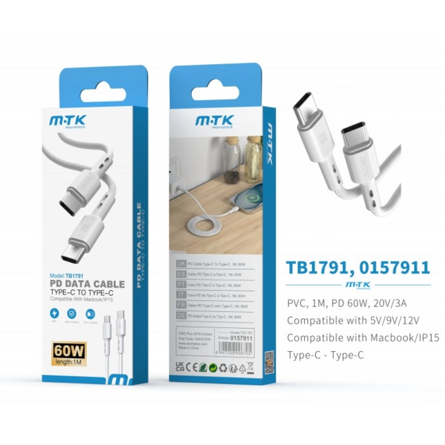 MTK TB1791 USB-C to USB-C PD60W Data & Charging Cable - 1M, White