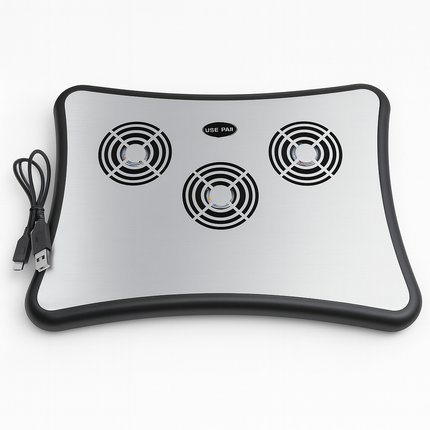 Laptop cooling pad with three fans and a USB cable on a white background