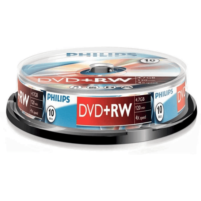 Spindle of Philips DVD+RW discs on a white background