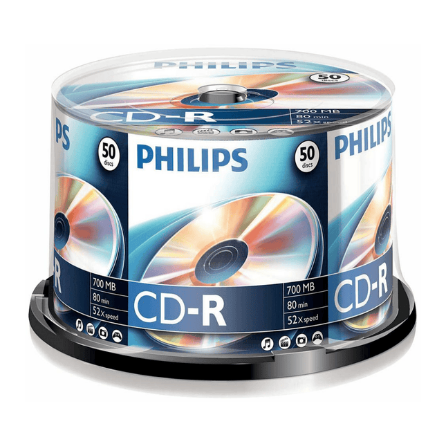Spindle of 50 Philips CD-R discs on a white background