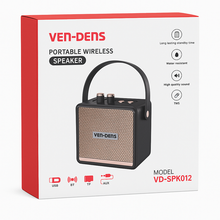 Ven-Dens portable wireless speaker packaging with product image and features on a white background
