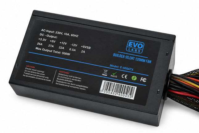 EVO Labs 500W ATX Power Supply Unit | 120mm Silent Fan | E-500ATX