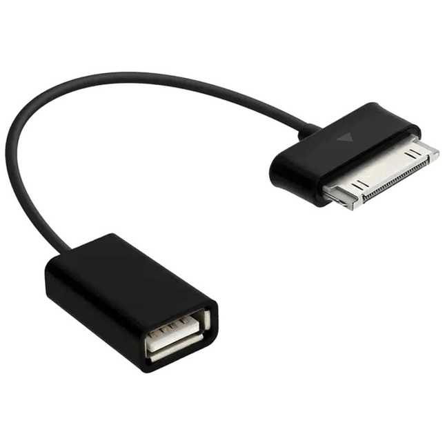Black Samsung Tab USB adapter cable on a white background