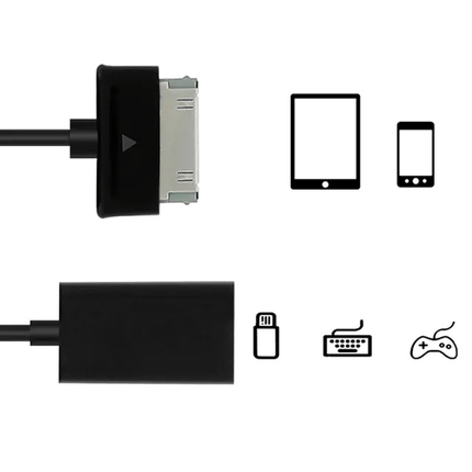 Black cable with connectors and smartphone, tablet, and keyboard icons on a white background