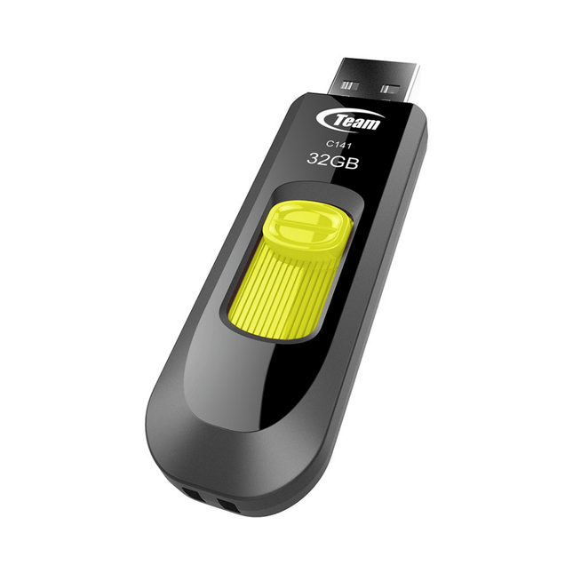 USB 32GB flash drive with yellow component on a white background