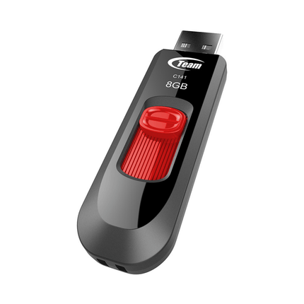 USB 8GB flash drive with red button on a white background