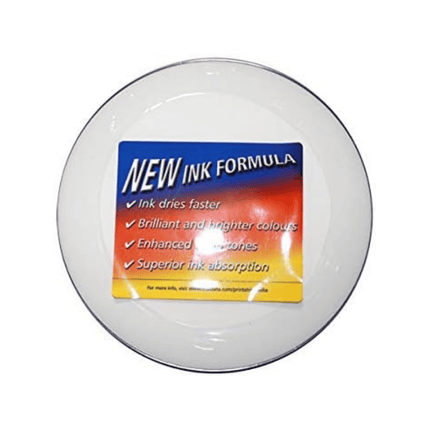 Round white object with a colourful label on a white background