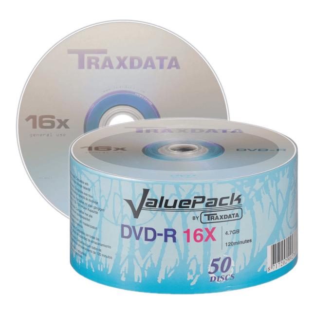 Traxdata DVD-R 16x discs in a value pack on a white background