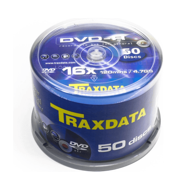 Traxdata DVD-R packaging with 50 discs on a white background