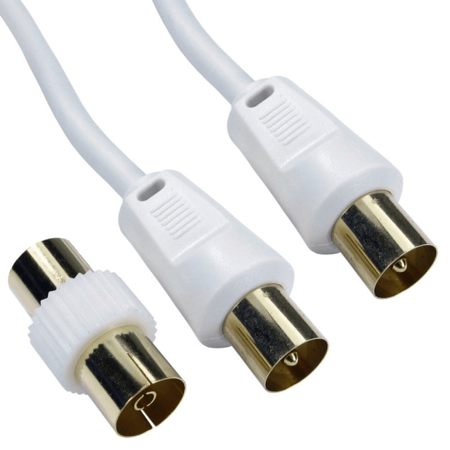 TV Aerial Cable - Male-Male with Female Coupler, 1m (White)