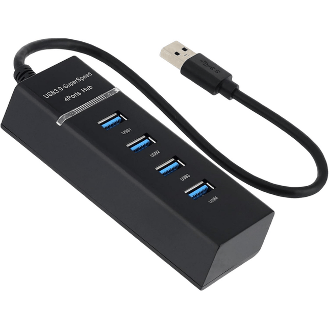 Black USB hub with four ports and a cable on a white background - for wholesale trade