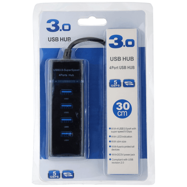 USB hub packaging with blue and white design on a white background - USB 3.0 hub - for wholesale trade