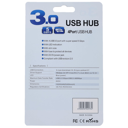 Packaging of a 3.0 USB hub with specifications on a white background - for wholesale trade