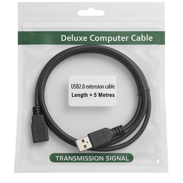 USB 2.0 A to A Extension Cable - 2m to 5m - Black - Poly Bag