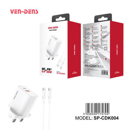 Ven Dens 20W Fast Charger with USB-C to USB-C Cable - PD & QC 3.0 Dual Port Wall Adapter Type C Fast Charging Plug White for Samsung, Google Pixel, iPad & More