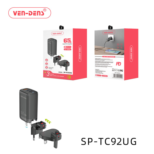 Ven Dens 65W GaN Charger USB & Type-C 3 in 1 Multi Port Charger Folding Plug Detachable Charger SP-TC92UG