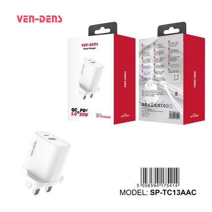 Ven Dens 20W Fast Charger USB-C + USB-A Wall Adapter - PD & QC 3.0 Dual Port Super Fast Charging Plug SP-TC13AAC for iPhone, Samsung, Google Pixel & More