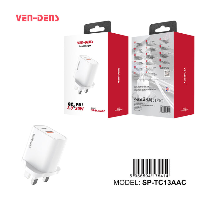 Ven Dens 20W Fast Charger USB-C + USB-A Wall Adapter - PD & QC 3.0 Dual Port Super Fast Charging Plug SP-TC13AAC for iPhone, Samsung, Google Pixel & More